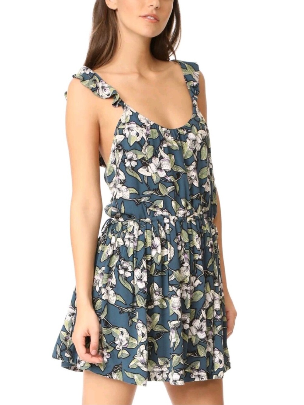 Free People Womens Blue White Dear You Floral Backless Ruffle Mini Sun Dress XS